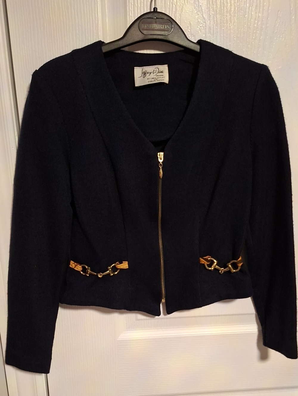 Jeffrey&Dara Navy Zip-Front Blazer with Gold Chain Accents